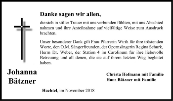 Traueranzeige von Johanna Bätzner von Fränkische Nachrichten