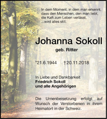 Traueranzeige von Johanna Sokoll von Schwetzinger Zeitung