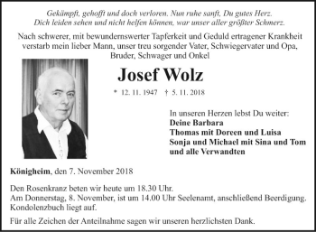 Traueranzeige von Josef Wolz von Fränkische Nachrichten