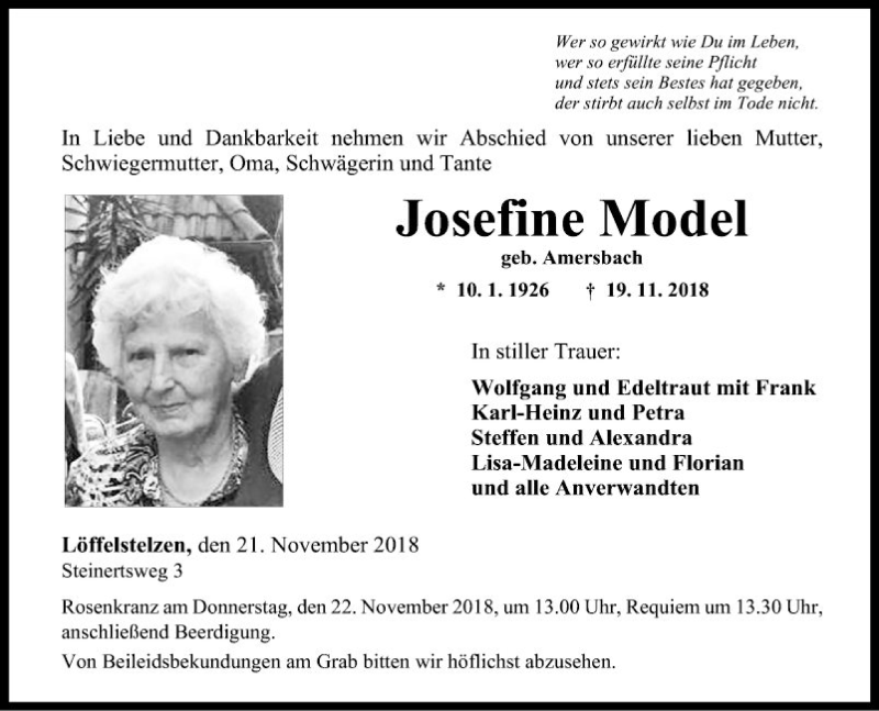  Traueranzeige für Josefine Model vom 21.11.2018 aus Fränkische Nachrichten