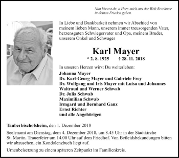 Traueranzeige von Karl Mayer von Fränkische Nachrichten