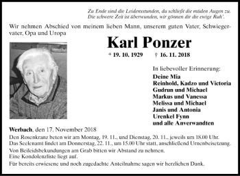 Traueranzeige von Karl Ponzer von Fränkische Nachrichten