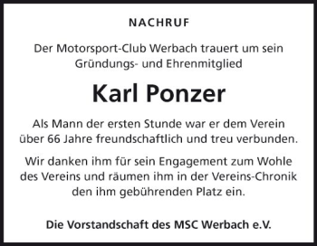 Traueranzeige von Karl Ponzer von Fränkische Nachrichten