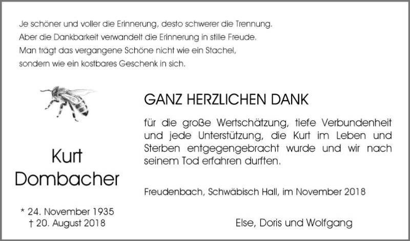  Traueranzeige für Kurt Dombacher vom 24.11.2018 aus Fränkische Nachrichten