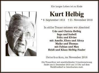 Traueranzeige von Kurt Helbig von Fränkische Nachrichten