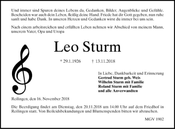 Traueranzeige von Leo Sturm von Schwetzinger Zeitung