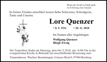 Traueranzeige von Lore Quenzer von Fränkische Nachrichten