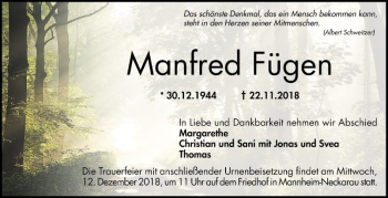 Traueranzeige von Manfred Fügen von Mannheimer Morgen