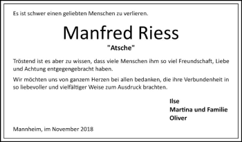 Traueranzeige von Manfred Riess von Mannheimer Morgen