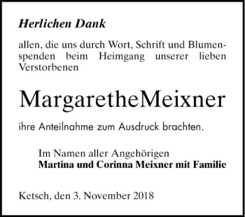 Traueranzeige von Margarethe Meixner von Schwetzinger Zeitung