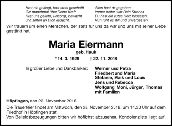 Traueranzeige von Maria Eiermann von Fränkische Nachrichten