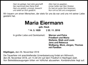 Traueranzeige von Maria Eiermann von Fränkische Nachrichten