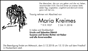 Traueranzeige von Maria Kreimes von Schwetzinger Zeitung