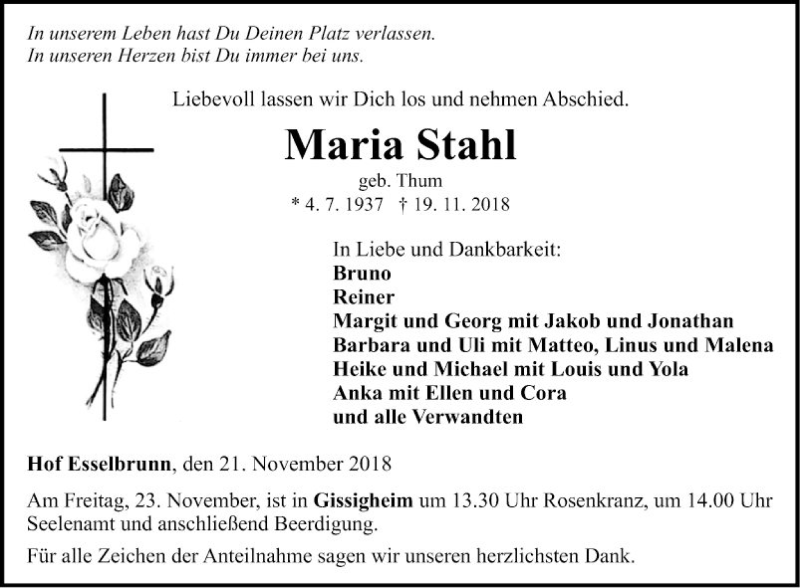  Traueranzeige für Maria Stahl vom 21.11.2018 aus Fränkische Nachrichten
