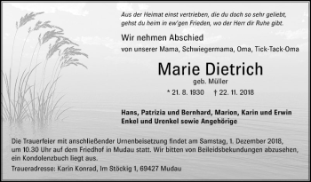 Traueranzeige von Marie Dietrich von Fränkische Nachrichten