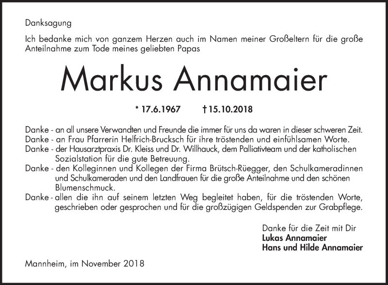  Traueranzeige für Markus Annamaier vom 03.11.2018 aus Mannheimer Morgen
