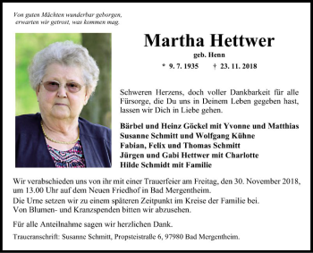 Traueranzeige von Martha Hettwer von Fränkische Nachrichten