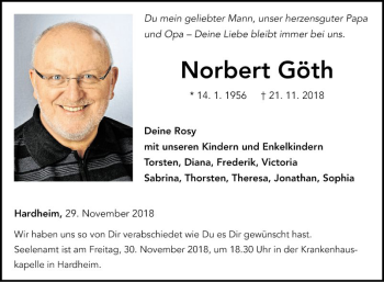 Traueranzeige von Norbert Göth von Fränkische Nachrichten