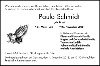 Traueranzeige von Paula Schmidt von Bergsträßer Anzeiger