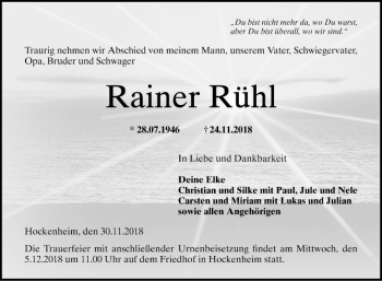 Traueranzeige von Rainer Rühl von Schwetzinger Zeitung