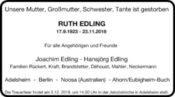 Traueranzeige von Ruth Edling von Fränkische Nachrichten