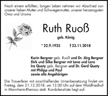 Traueranzeige von Ruth Ruoß von Mannheimer Morgen