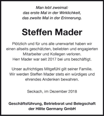 Traueranzeige von Steffen Mader von Fränkische Nachrichten