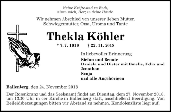 Traueranzeige von Thekla Köhler von Fränkische Nachrichten