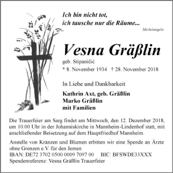 Traueranzeige von Vesna Gräßlin von Mannheimer Morgen