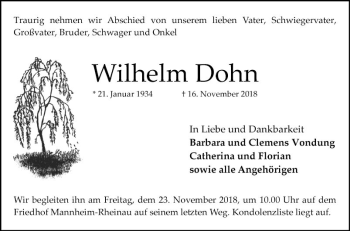 Traueranzeige von Wilhelm Dohn von Mannheimer Morgen