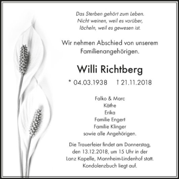 Traueranzeige von Willi Richtberg von Mannheimer Morgen