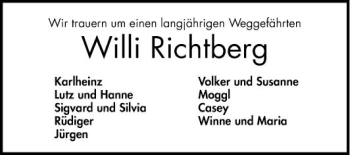 Traueranzeige von Willi Richtberg von Mannheimer Morgen