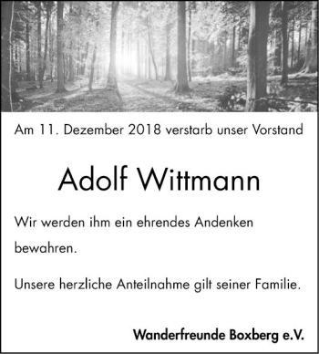 Traueranzeige von Adolf Wittmann von Fränkische Nachrichten