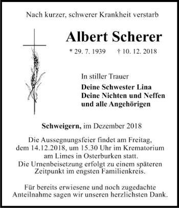 Traueranzeige von Albert Scherer von Fränkische Nachrichten