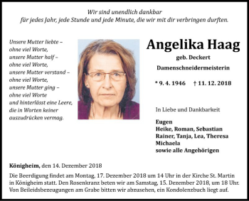 Traueranzeige von Angelika Haag von Fränkische Nachrichten