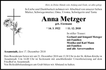 Traueranzeige von Anna Metzger von Fränkische Nachrichten