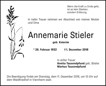 Traueranzeige von Annemarie Stieler von Südhessen Morgen