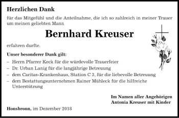 Traueranzeige von Bernhard Kreuser von Fränkische Nachrichten