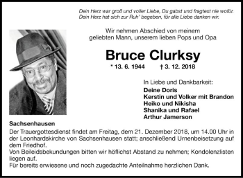 Traueranzeige von Bruce Clurksy von Fränkische Nachrichten