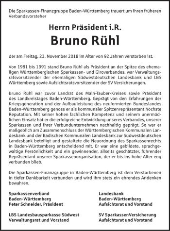 Traueranzeige von Bruno Rühl von Fränkische Nachrichten