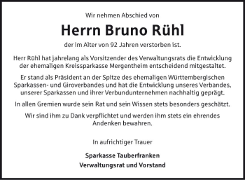 Traueranzeige von Bruno Rühl von Fränkische Nachrichten