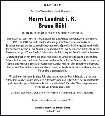 Traueranzeige von Bruno Rühl von Fränkische Nachrichten