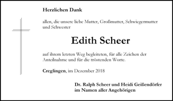 Traueranzeige von Edith Scheer von Fränkische Nachrichten