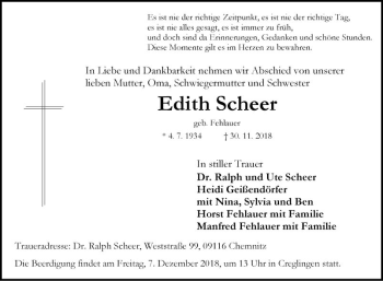 Traueranzeige von Edith Scheer von Fränkische Nachrichten