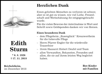 Traueranzeige von Edith Sturm von Fränkische Nachrichten