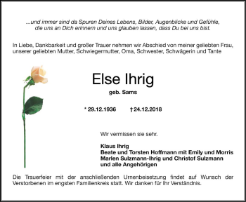 Traueranzeige von Else Ihrig von Schwetzinger Zeitung