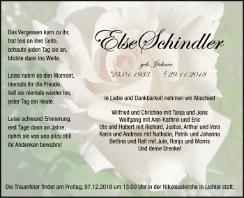 Traueranzeige von Else Schindler von Fränkische Nachrichten