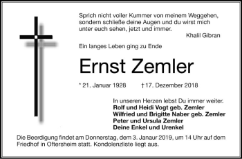 Traueranzeige von Ernst Zemler von Schwetzinger Zeitung