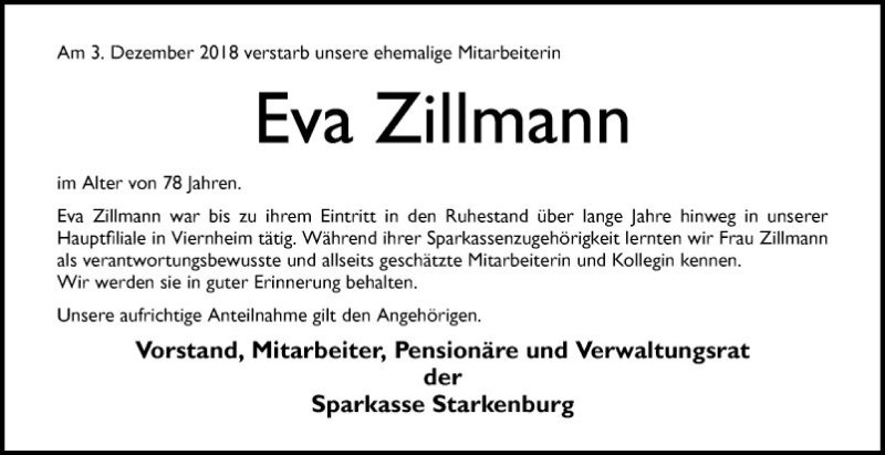  Traueranzeige für Eva Zillmann vom 11.12.2018 aus Südhessen Morgen