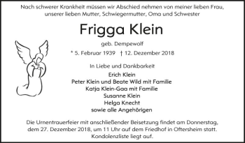 Traueranzeige von Frigga Klein von Schwetzinger Zeitung